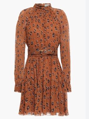 NICHOLAS Golden brown with black leopard print Long-Sleeve Belted Mini Dress